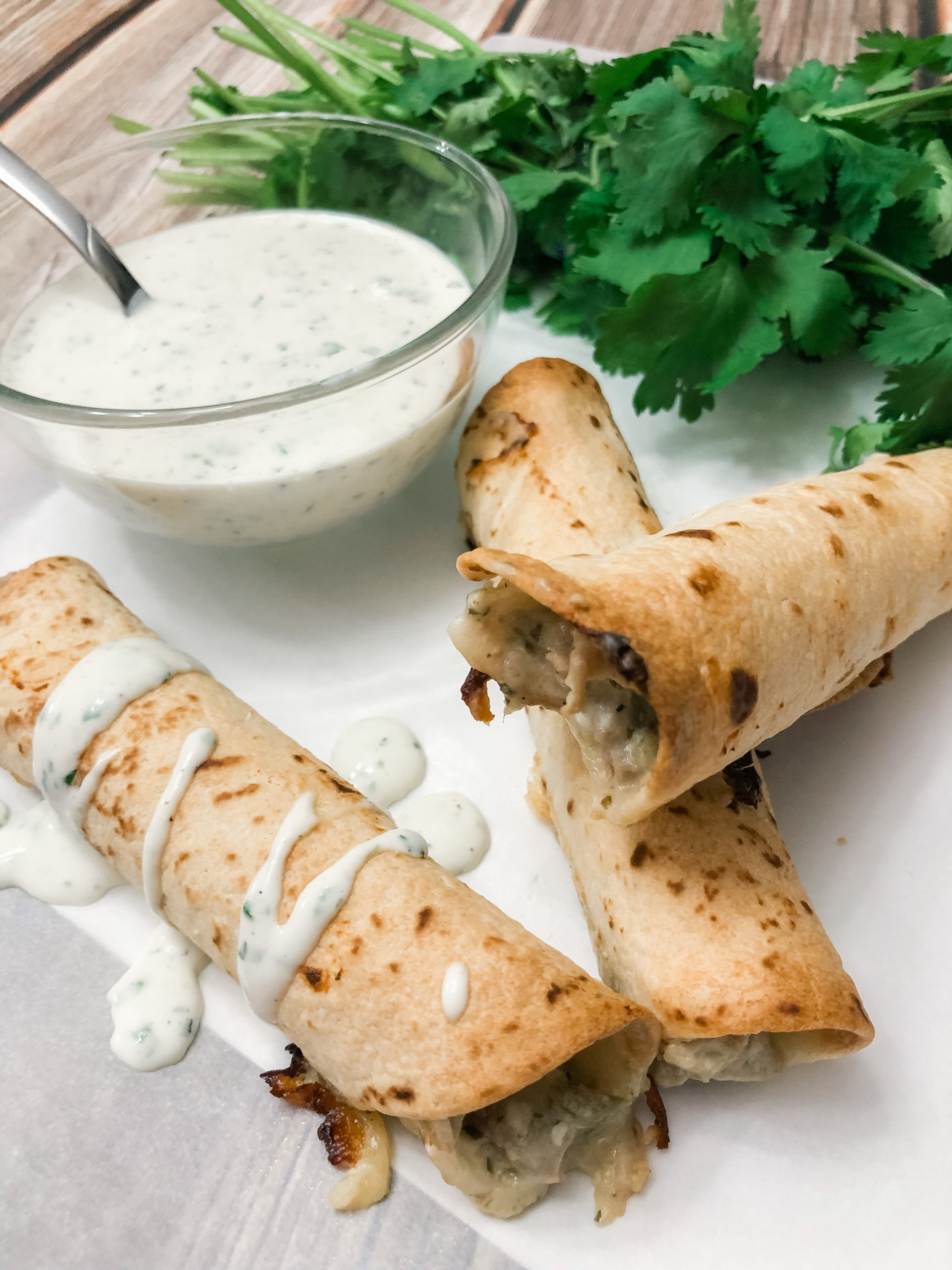 Verde Pork Taquitos with Cilantro Ranch Dressing